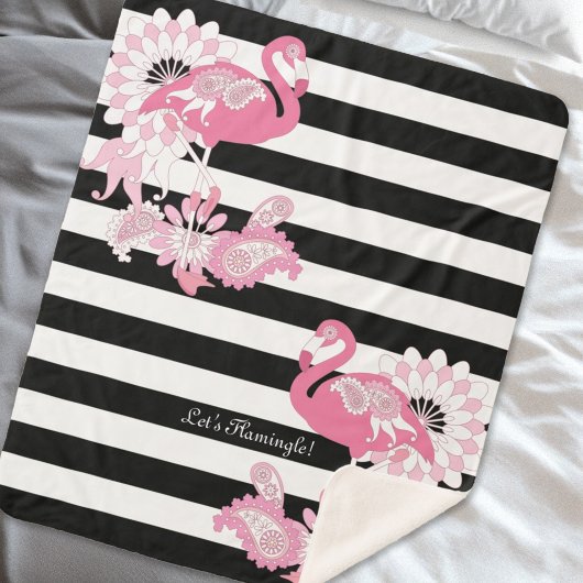 Zwarte en witte streep Paisley roze flamingo's Sherpa Deken