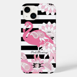 Zwarte en witte strepe roze flamingo Case-Mate iPhone 14 hoesje