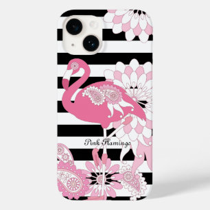 Zwarte en witte strepe roze flamingo Case-Mate iPhone 14 hoesje