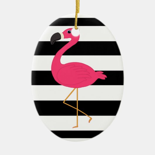 Zwarte en witte strepe roze flamingo keramisch ornament (Voorkant)
