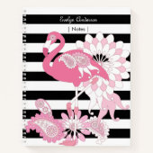 Zwarte en witte strepe roze flamingo notitieboek (Voorkant)