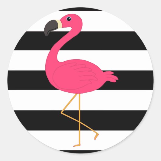 Zwarte en witte strepe roze flamingo ronde sticker (Voorkant)