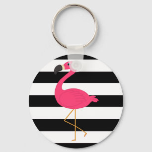 Zwarte en witte strepe roze flamingo sleutelhanger