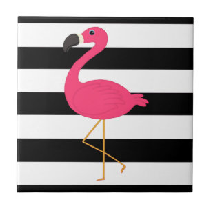 Zwarte en witte strepe roze flamingo tegeltje