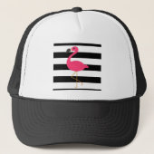 Zwarte en witte strepe roze flamingo trucker pet (Voorkant)
