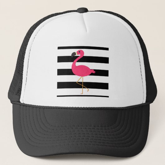 Zwarte en witte strepe roze flamingo trucker pet (Voorkant)