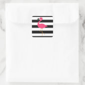 Zwarte en witte strepe roze flamingo vierkante sticker (Tas)