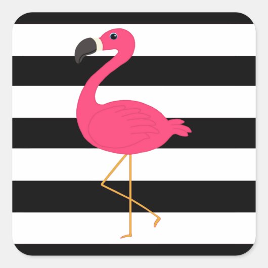 Zwarte en witte strepe roze flamingo vierkante sticker (Voorkant)