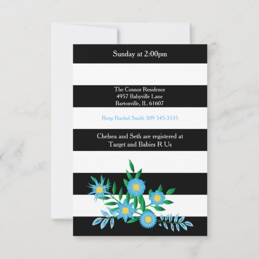 Zwarte en witte strepen | Blauwe Floral | Baby sho Kaart (Achterkant)