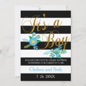 Zwarte en witte strepen | Blauwe Floral | BABY SHO Kaart (Voorkant)