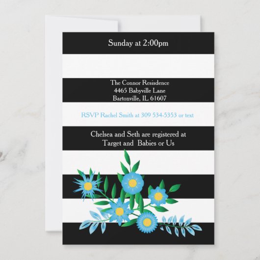 Zwarte en witte strepen | Blauwe Floral | BABY SHO Kaart (Achterkant)