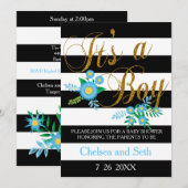 Zwarte en witte strepen | Blauwe Floral | BABY SHO Kaart (Voorkant / Achterkant)