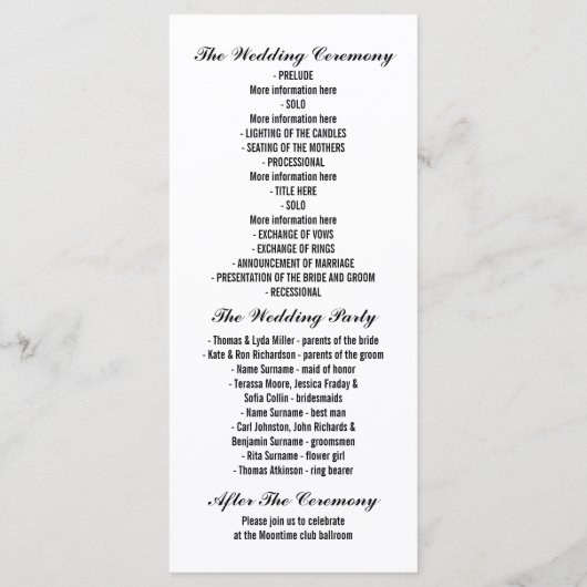Zwarte en witte strepen chique huwelijksprogramma' programmakaart (Achterkant)