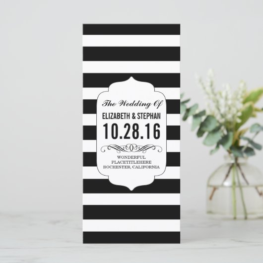 Zwarte en witte strepen chique huwelijksprogramma' programmakaart (Staand voorkant)