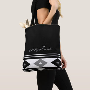 Zwarte en witte strepen en diamantvormen tote bag