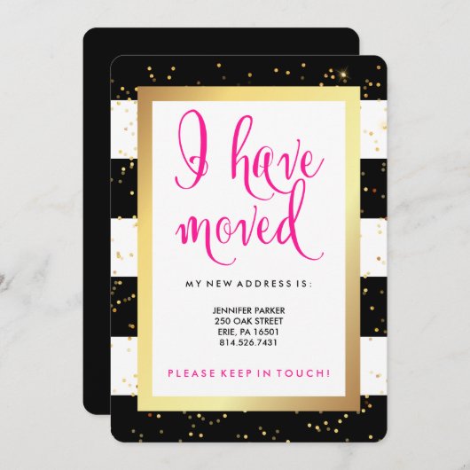 Zwarte en witte strepen en goud | Ik ben verhuisd Aankondiging (Voorkant / Achterkant)