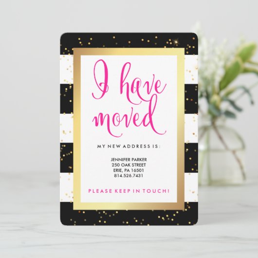 Zwarte en witte strepen en goud | Ik ben verhuisd Aankondiging (Staand voorkant)