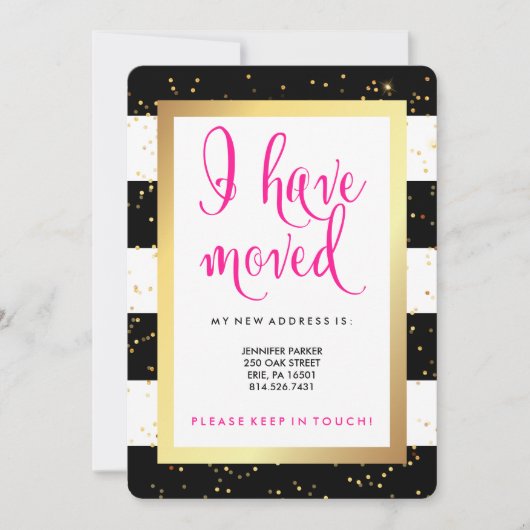 Zwarte en witte strepen en goud | Ik ben verhuisd Aankondiging (Voorkant)