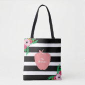 Zwarte en witte strepen Floral Apple-leraar Tote Bag (Voorkant)