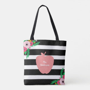 Zwarte en witte strepen Floral Apple-leraar Tote Bag