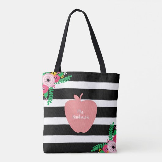 Zwarte en witte strepen Floral Apple-leraar Tote Bag (Achterkant)