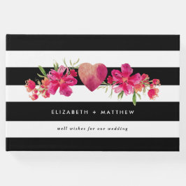 Zwarte en witte strepen Fuchsia Floral Wedding Gastenboek