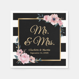 Zwarte en witte strepen Gold Pink Floral Wedding Servet