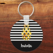 Zwarte en witte strepen gouden anananas met naam sleutelhanger (Voorkant)