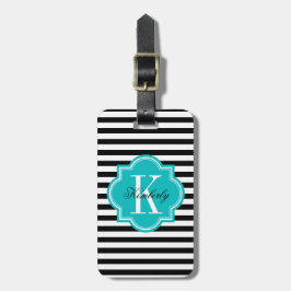 Zwarte en witte strepen met Blauwgroen monogram Bagagelabel