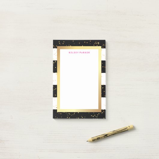 Zwarte en witte strepen met Faux Gold en Roze Post-it® Notes (Op bureau)