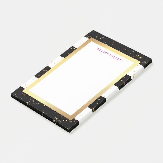 Zwarte en witte strepen met Faux Gold en Roze Post-it® Notes (Schuin)