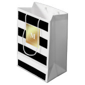 Zwarte en witte strepen met Faux Gold Monogram Medium Cadeauzakje (Achterkant Gekanteld)