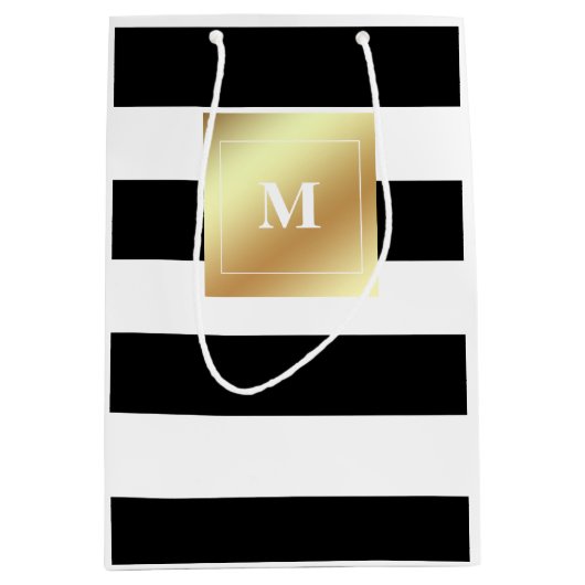 Zwarte en witte strepen met Faux Gold Monogram Medium Cadeauzakje (Voorkant)