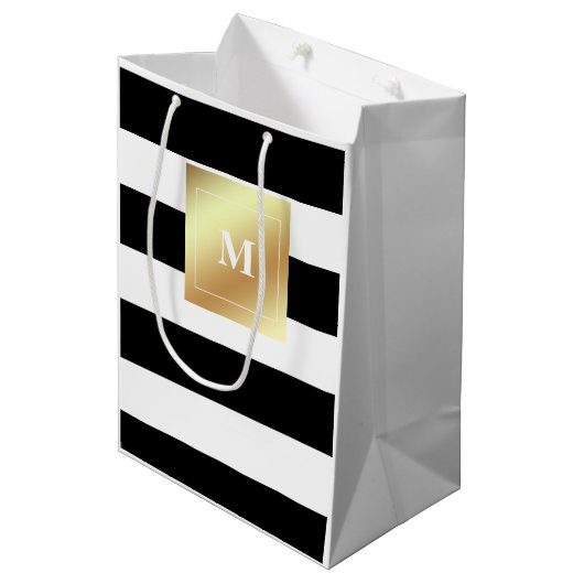 Zwarte en witte strepen met Faux Gold Monogram Medium Cadeauzakje (Voorkant Gekanteld)