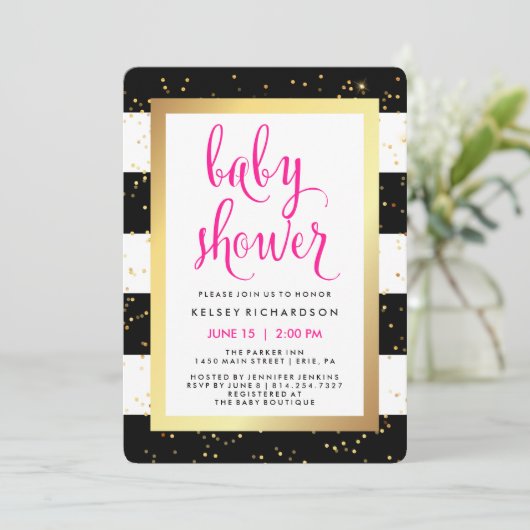 Zwarte en witte strepen met Gold Baby shower Kaart (Staand voorkant)