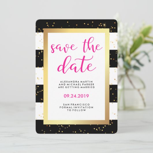 Zwarte en witte strepen met Gold Save the Date (Staand voorkant)