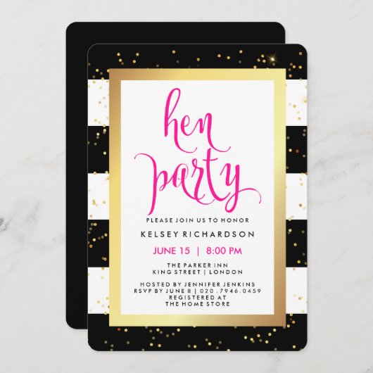 Zwarte en witte strepen met gouden hennen partij kaart (Voorkant / Achterkant)