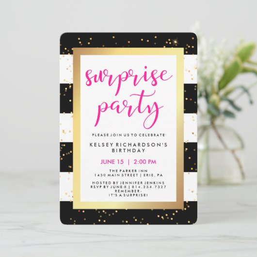 Zwarte en witte strepen met gouden verrassingsfees kaart (Staand voorkant)