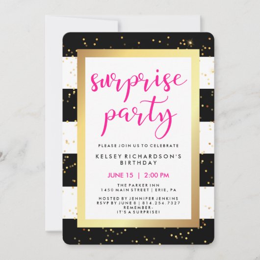 Zwarte en witte strepen met gouden verrassingsfees kaart (Voorkant)