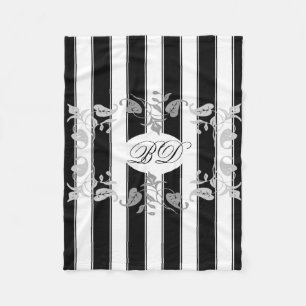 Zwarte en witte strepen met grijze bladeren fleece deken