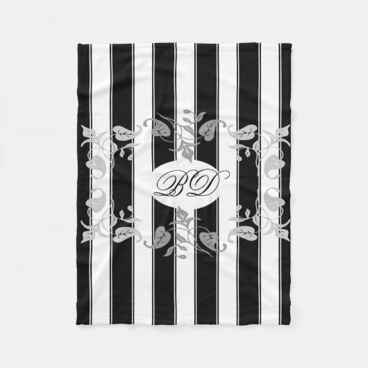 Zwarte en witte strepen met grijze bladeren fleece deken (Voorkant)