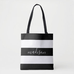 Zwarte en witte strepen met naam Typografie Tote Bag