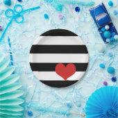 Zwarte en witte strepen met rood hart papieren bordje (Feest)