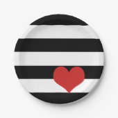 Zwarte en witte strepen met rood hart papieren bordje (Voorkant)