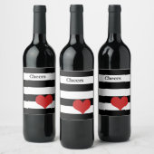 Zwarte en witte strepen met rood hart wijn etiket (Flessen)