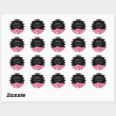 Zwarte en witte strepen met roze bloemen ronde sticker (Vel)