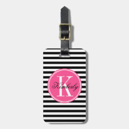 Zwarte en witte strepen met roze monogram bagagelabel