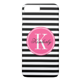 Zwarte en witte strepen met roze monogram iPhone 8/7 plus hoesje