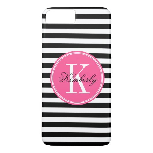 Zwarte en witte strepen met roze monogram Case-Mate iPhone case (Achterkant)