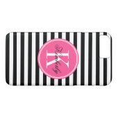 Zwarte en witte strepen met roze monogram Case-Mate iPhone case (Achterkant (Horizontaal))